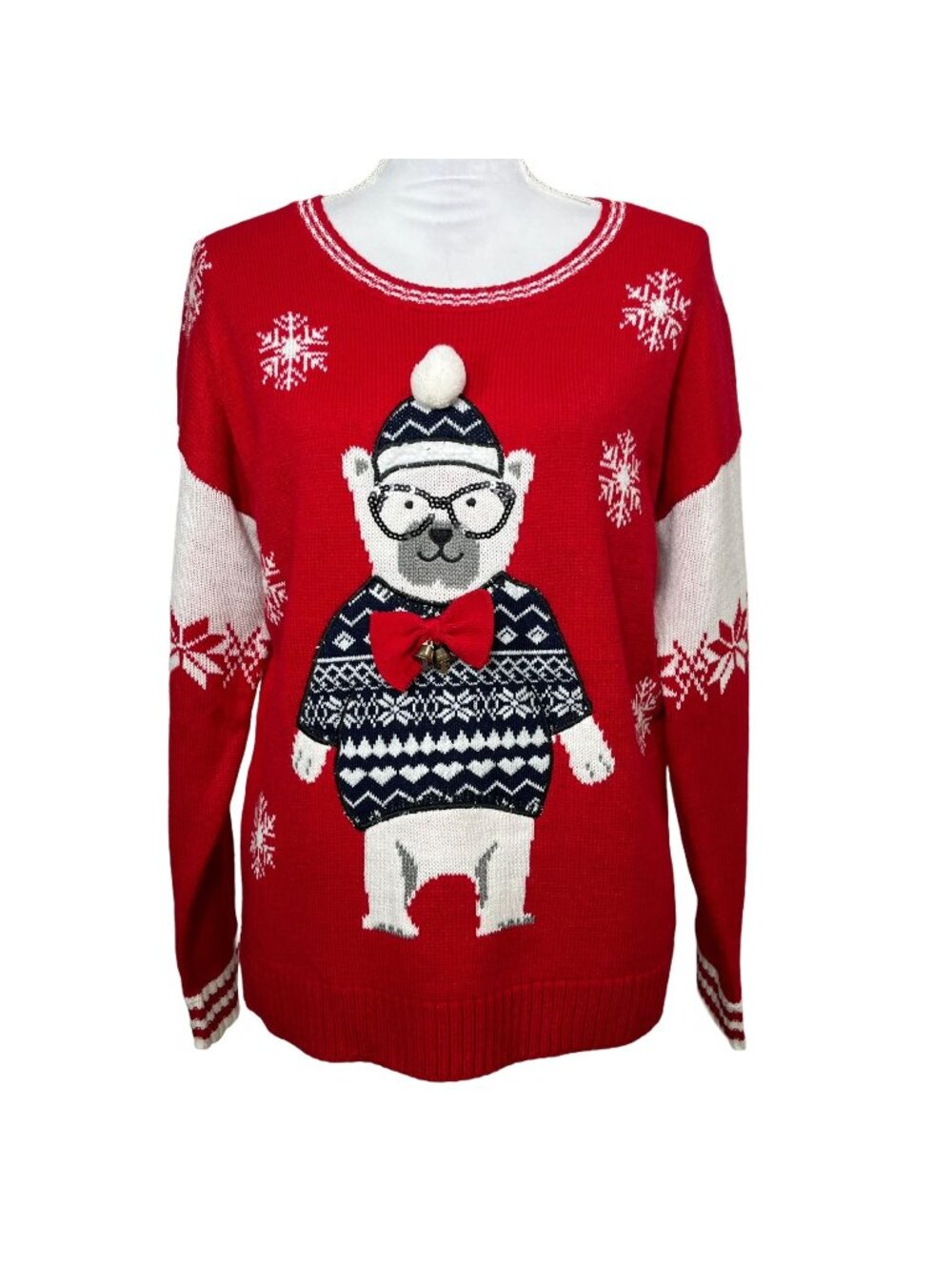 Womens L Ugly Christmas Sweater Red Bear Knit Snowflake Holiday Winter